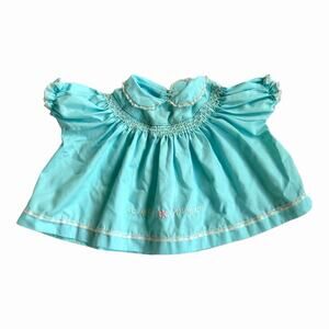 Vintage 50s/60s Baby Girl Blue Embroidered Smocked Dress Lace Trim 3-6m